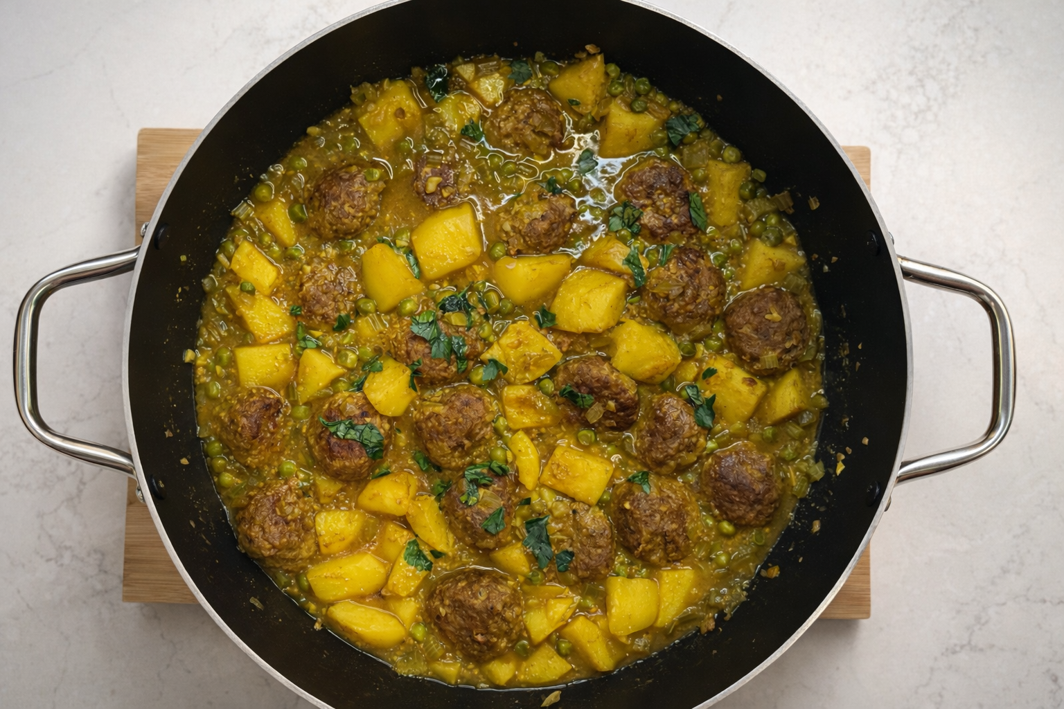 Meatballs with Potatoes and Peas
