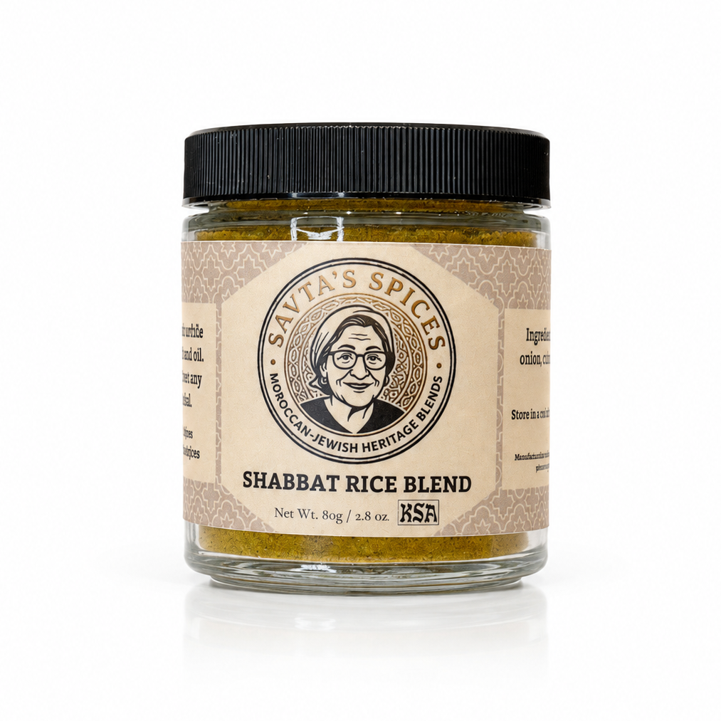 A glass jar of Shabbat Rice Blend spice mix by Savita's Spices, featuring a black screw cap and a beige paper label with a vintage-style portrait illustration.
