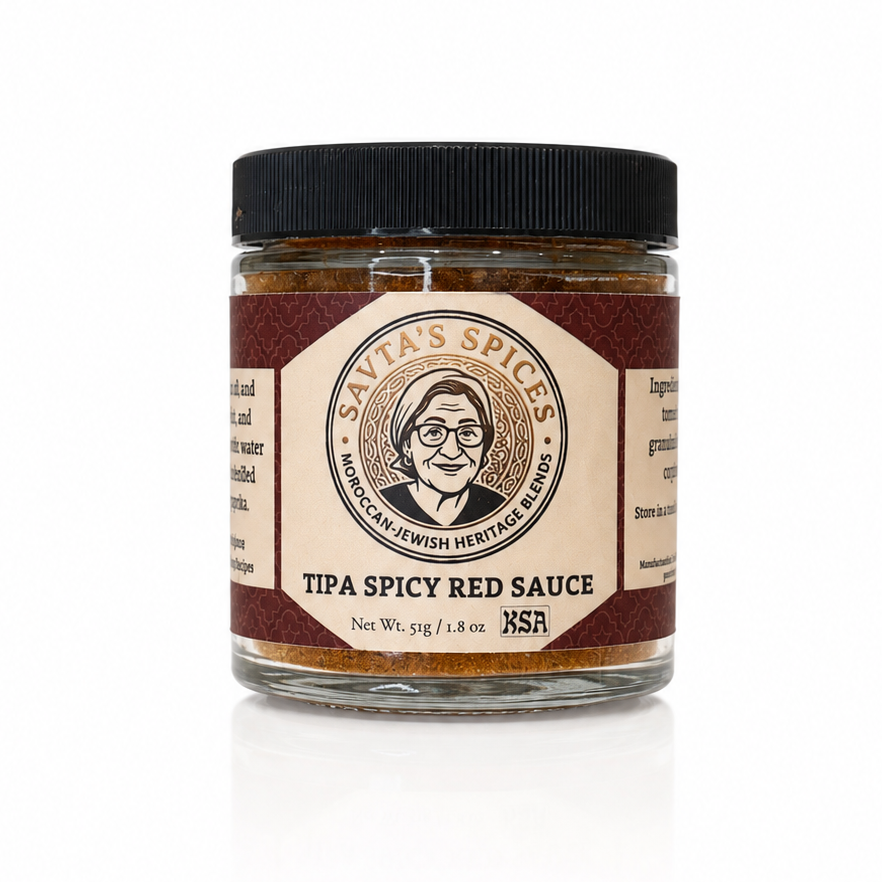 A jar of Savta's Spices Tipa Spicy Red Sauce on a clean white background. The product features a black screw cap, a clear glass jar showing the reddish-brown sauce inside, and a vintage-style cream and brown label with a portrait of Santa Claus.